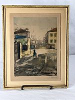 Full view of framed etching showing image, mat and frame