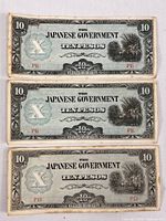 Three Japanese Government 10-pesos notes displayed front side