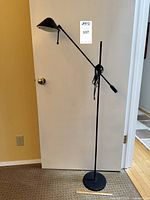 Full view of black adjustable floor lamp standing upright