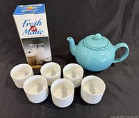 Lot overview with teapot, six cups, Froth-A-Matic box