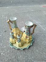Full view of entire lustreware condiment set on tray