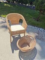 Chair with cushion beside matching basket outdoors