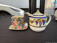 Royal Winton square bowl on saucer beside lidded creamer