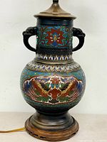 Front view of cloisonné lamp body and wood base