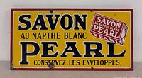 Full view of enamel Pearl soap sign showing graphics, text, border