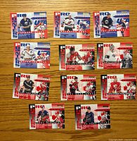 Fronts of the 11 Pro Points hockey insert cards laid out on table