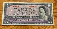 Obverse of 1954 Canadian $10 bill showing serial number, denomination, and Queen Elizabeth II portrait