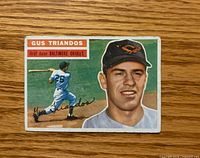 Front of Gus Triandos 1956 Topps card showing portrait and action image