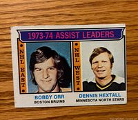 Front of 1974-75 Topps #2 Assist Leaders card showing Bobby Orr and Dennis Hextall portraits