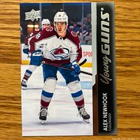 Front of Upper Deck Young Guns card showing Alex Newhook skating