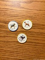 Fronts of three plastic dog breed coins on wood surface