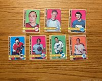 Front view of seven 1972-73 O-Pee-Chee hockey cards