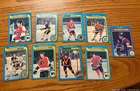Front view of all nine hockey cards showing team names and player images