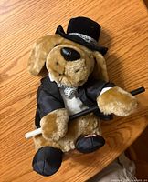 Front view showing tuxedoed plush dog with cane