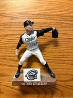 Front view of Stephen Strasburg figurine and logo nameplate