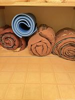 Four rolled items on shelf: three brown sleeping bags, one blue foam mat