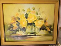 Full view of framed oil painting with yellow roses