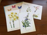 Four vintage-style botanical greeting cards displayed