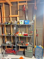 Shelving with small-parts cabinets, cords, fasteners, tools