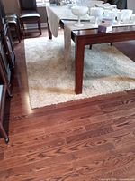Rug under dining table showing overall size and color