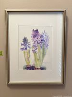 Framed watercolor of purple hyacinths signed Lili White