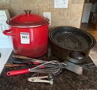 All items grouped: stockpot, roaster, utensils