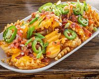 Plated waffle fries with toppings from Nox menu
