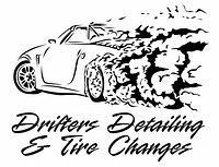 Company logo showing stylized car with drift smoke and text Drifters Detailing & Tire Changes