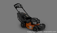 Overall view of Ariens orange and black walk-behind lawn mower with grass bag and folding handle