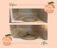 Before and after photos of a microwave cleaned by the company, showing service quality