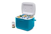 Cooler open showing ice and beverage cans