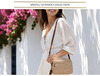 Model wearing beige woven crossbody bag