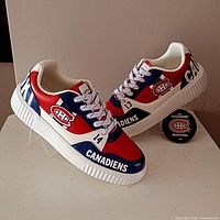 Example pair of sneakers customized in Montreal Canadiens theme displayed on stands