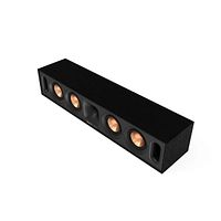 Angled front view of Klipsch R-30C showing Tractrix horn and four copper-colored woofers