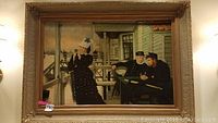 Full framed painting showing woman with binoculars and two men in naval uniforms at a table outside a building.