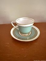 Teacup on saucer front view showing pattern and color
