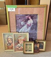 Group of six framed prints showing sizes and subjects