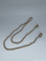 Full view of necklace laid out showing length and pearls