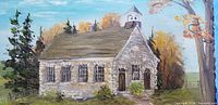 Front view of painting highlighting building and foliage detail