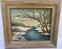 Frontal view of framed oil painting; shows winter river scene