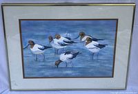 Front view of framed watercolor showing shorebirds, mat, glass, and frame