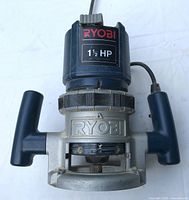 Front view of Ryobi 1.5 HP router showing handles, base and branding