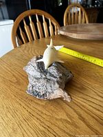 Front view of resin dolphin on burlwood base with tape measure