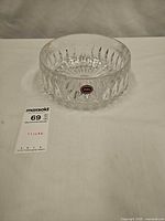 Top angled view of clear cut crystal Gorham Althea bowl showing pattern and size tag
