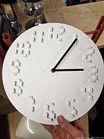 Front of white wall clock showing raised numerals and black hands