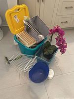 Grouped view of assorted storage bins, baskets, orchid, hangers and accessories