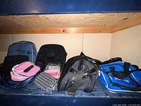 Front view of six bags on shelf