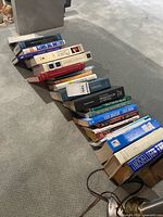 Row of approx. 17 books on carpet showing mix of hardcover & paperback