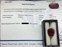 Appraisal report showing gemstone details with stone in display box