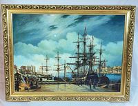 Frontal view of framed maritime oil painting